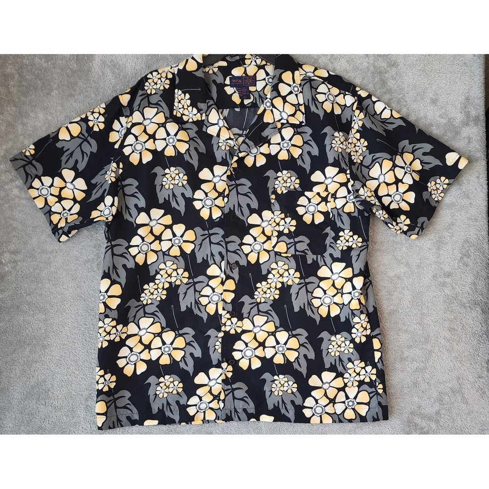 Tru'Cal Shirt Mens Large Black Yellow Hawaiian Aloha Floral Short Sleeve‎ Button